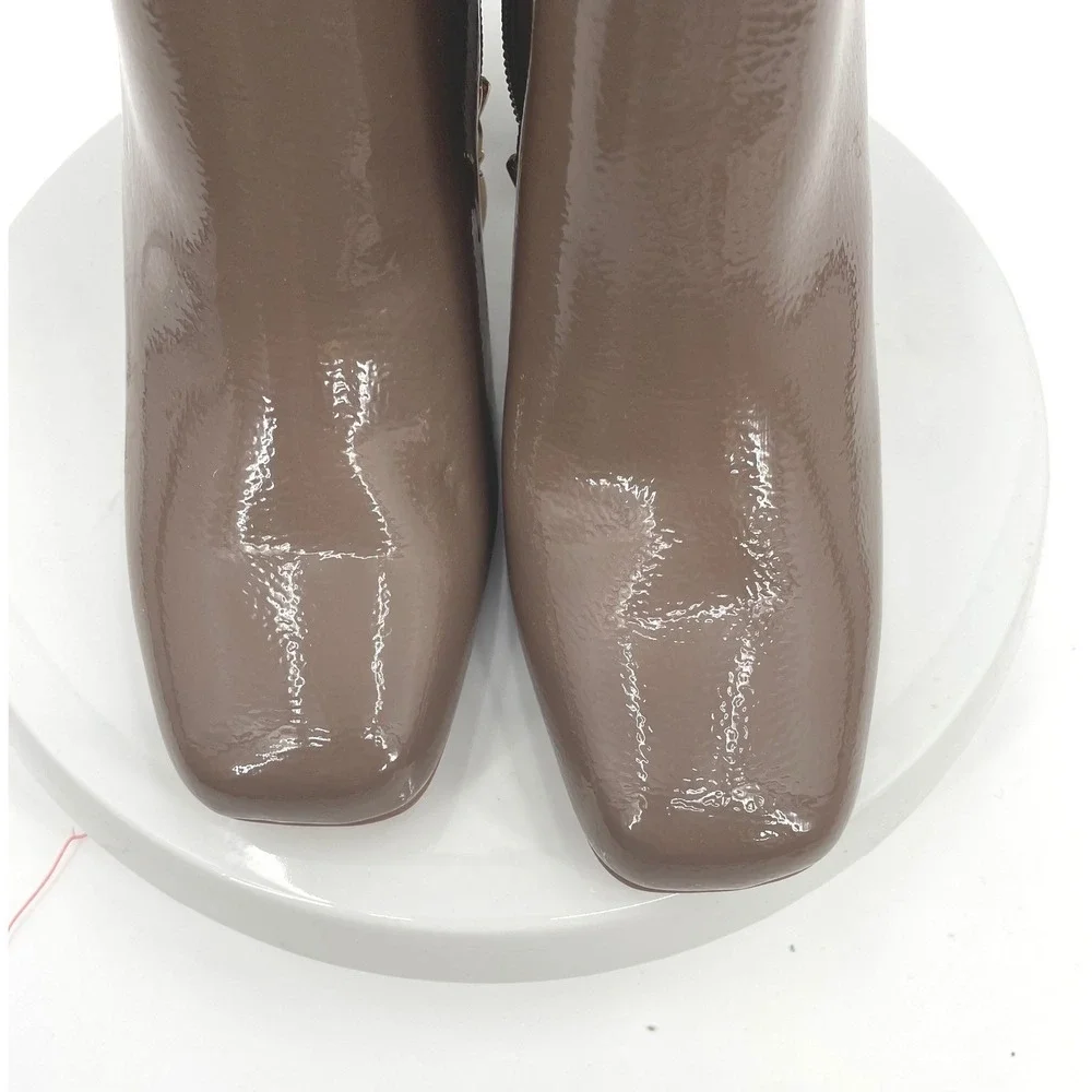 Michael‎ Kors Sterling Ankle Boots Womens 10 Taupe Patent Block Heel Square Toe